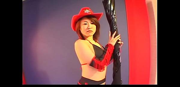  Japanese fantasy cougar in a cowgirl suit toys her pussy
